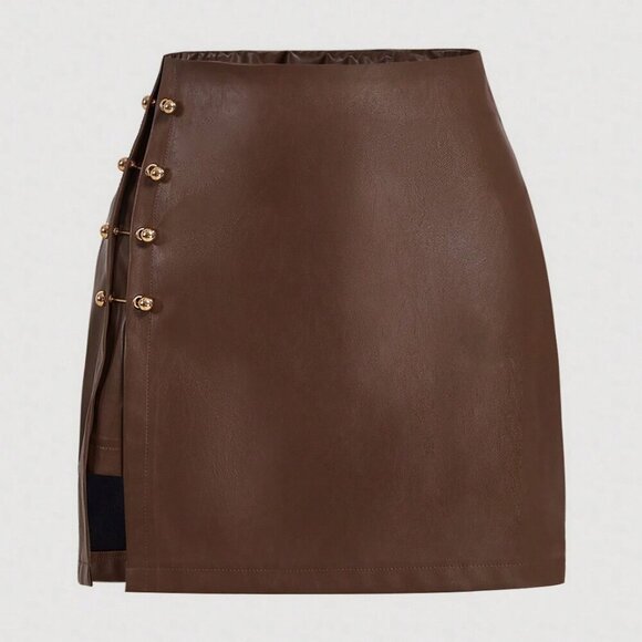 Brown Casual Women's Side Slit Metallic Trim Faux Leather A-Line skirt - Picture 1 of 4